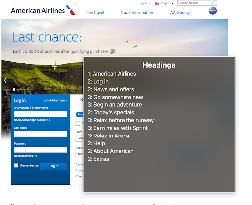 A visual display of the headings used on the airline web site.