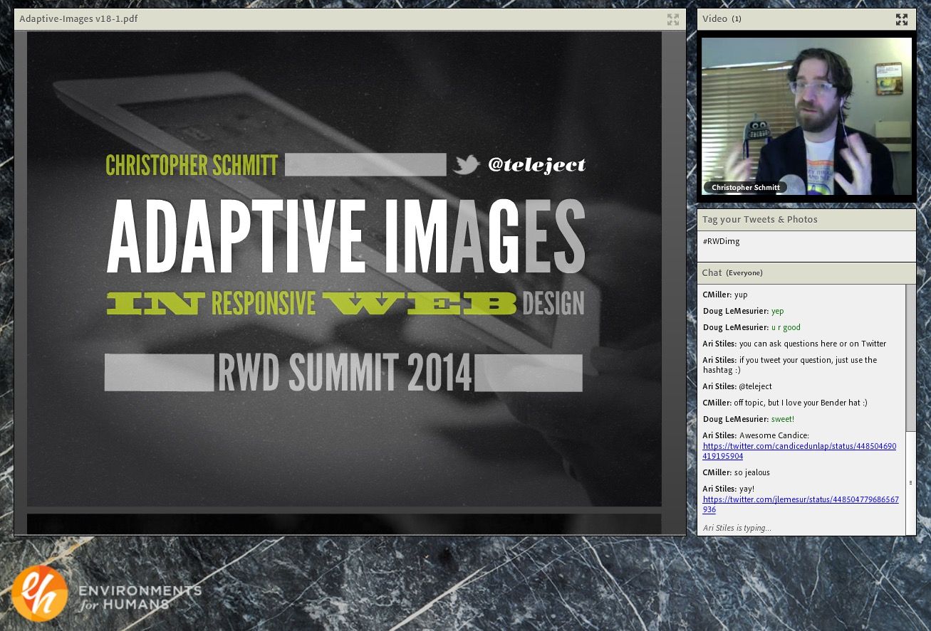 Screen Shot. Christopher Schmitt presenting his Adaptive Images talk remotely